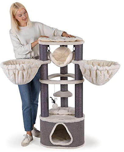 HAPPYPET Kratzbaum Stabil 'Charlie' 120 cm - Massiver Katzenbaum für große Katzen-Kletterbaum auf 3 Säulen, 9 cm Dicke Stämme, mit Hängematte, Höhle, Kissen, XL Plattform - Grau-Creme