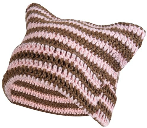 Y2K Bonnet tricoté à rayures avec oreilles de chat pour femme, Rose et café, Taille unique