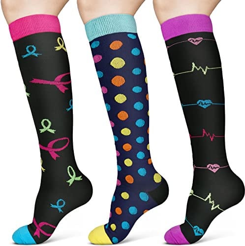 ACWOO Kompressionsstrümpfe Bunt für Damen Herren, 3 Paar Stützstrümpfe Medizinisch Kompressionssocken mit 15-20 Mmhg Bunt Thrombosestrümpfe, Compression Socks für Laufen, Sport, Flug, Radsport
