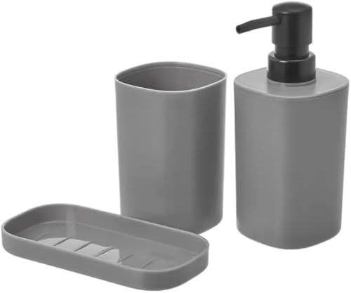Set para el baño - Juego 3 Accesorios para Lavabo - Kit de 3 Piezas - 1x dispensador de jabón 1x Vaso 1x Bandeja - Gris