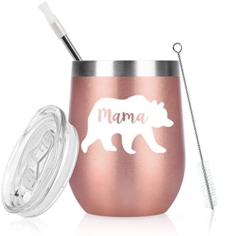 Livole Mothers Day Presents for Mum, New Mum, Mummy, Women, Mum Birthday Gifts from Son, Mama Bear Mug, Mum Christmas Gifts, 12oz Insulated Coffee Travel Mug, Double Walled Wine Tumbler, Rose Gold