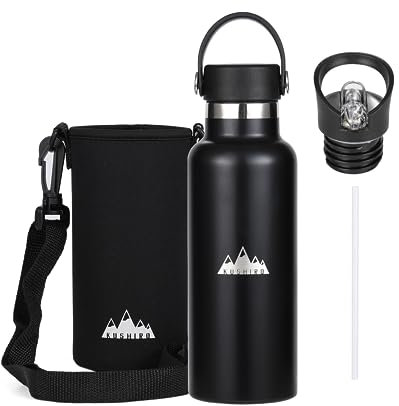 Kushiro Stainless Steel Water Bottle with Bag, Straw Lid, Reusable Vacuum Insulated Metal Drinks Flask, Thermal Insulated Bottle for Travel, Gym, Sports, Outdoors, Work, School - 500ml (Black)