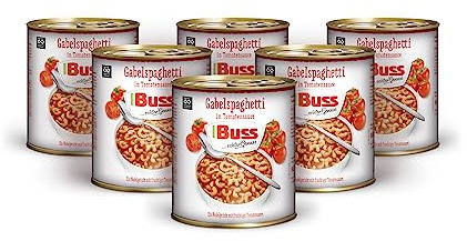 Buss Pasta Gerichte - Spaghetti mit fruchtiger Tomatensauce - Nudeltopf mit Gabelspaghetti in Tomatensoße - Schnelle vegetarische Fertiggerichte zum Aufwärmen in Mikrowelle & Topf - 6 x 800g