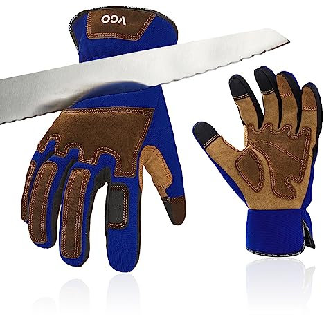Vgo... 1 Paar Schnittfeste Handschuhe, Sicherheitsleder-Arbeitshandschuhe, Mechaniker-Handschuhe, HPPE Anti-Schnitt-Innenfutter, EN388 Level C, ANSI-Stufe A5(SL7475CTA5)