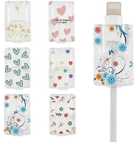 PLIGREAT 6 Pcs Lindo Protector de Cable de Flores para iPhone iPad Cargador Mixto Corazón Colorido Pequeños Patrones Florales Cargador Protector para Protector de Cable de Datos USB
