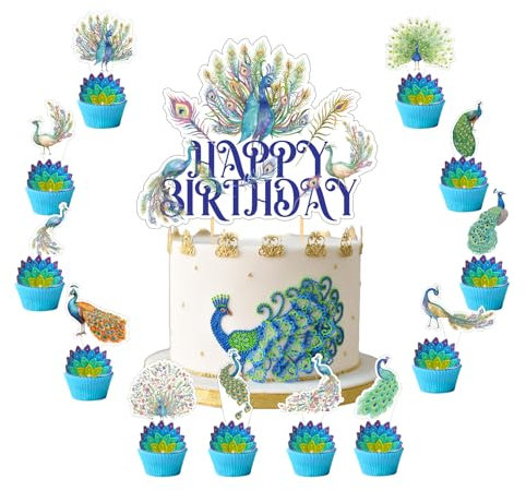 25 Pcs Pfau Kuchen Dekorationen Pfau Cupcake Toppers Kuchen Topper für Pfau Geburtstag Dekorationen Pfau Party Dekorationen Zoo Vogel Geburtstag Party Zubehör