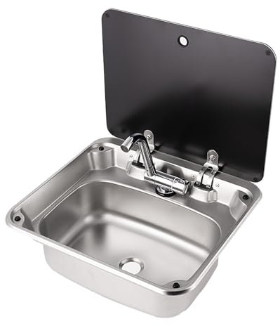 Fregadero Camper, Fregadero de Acero Inoxidable, Fregadero para Exteriores con Grifo y Tapa Plegables, Kit de Fregadero para Autocaravana (Size : Square)