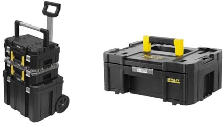 STANLEY FATMAX FMST1-80103 Conjunto Pro-Stack 3 Piezas con Cajas para Herramientas Organizador y Base con Ruedas Negro & FATMAX FMST1-71968, Cajonera Profunda Pro-Stack, 6 Compartimentos
