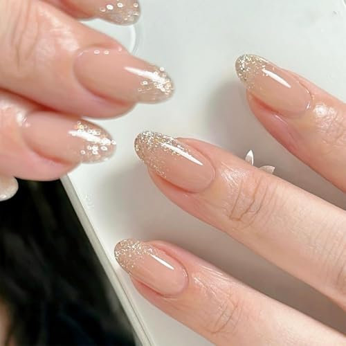 MouyouGlow Press on Nails Kurz,Almond Nude Rosa Glitzer French Tips Shimmer Fake Nails Kunstnägel mit Nagelkleber,Mandel Natural Pink Bling Künstliche Fingernägel