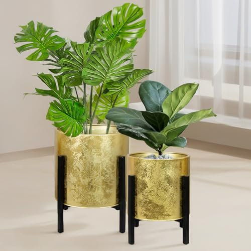 ARNIS Modern Plant Pots, Set of 2 Large Planters with Stand, Decorative Planters, Metal Pots with Drainage Holes for Living Room, Office, Garden or Balcony, 8.25 &10.5 Inch, Gold