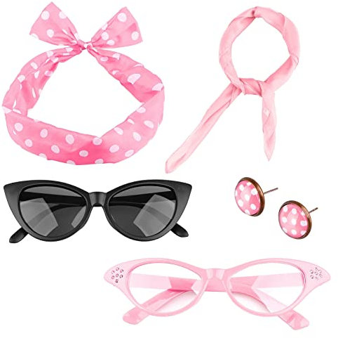 50er Jahre Accessoires, 1950er Jahre Rosa Kleidungszubehör Set 50er Jahre Kleidung Zubehör 1950s Kostüm Set Rockabilly Accessoires 50er Jahre Kostüm Zubehör Set mit Chiffon für Retro Party Erwachsener