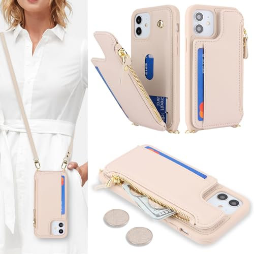 SailorTech Custodia per iPhone 12 in Pelle Portafoglio con porta carte di credito, Cover per iPhone 12 Pro Cellulare Regolabile Collana con slot per carte di credito - Albicocca