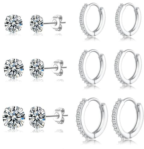 LOUMILEO Creolen Silber 925 Kleine Silber Ohrstecker mit Zirkonia Hypoallergen Ohrringe Silber Ohrstecker Kleine Ohrringe Silber 925 Stercker Set für Mehrere Piercings 6 Paar