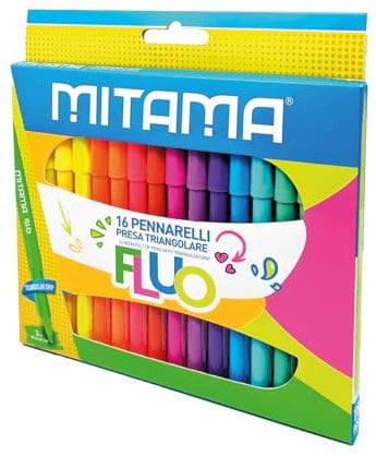Mitama - Fluo Filzstifte Etui mit 16 Filzstiften - Neonfarben - Erstickungskappe - mittlere Spitze 3 mm - Schulfarben - Buntstifte Federmäppchen Schule