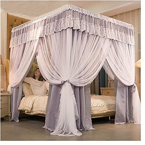Prinzessinnen-Bettvorhänge, Himmelbett, Himmelbett, Mädchen-Baldachin für Schlafzimmer, doppelte Stickerei, Spitze, Moskitonetz, Verdunkelung, King-Size-Betthimmel mit Metallhalterung (Größe