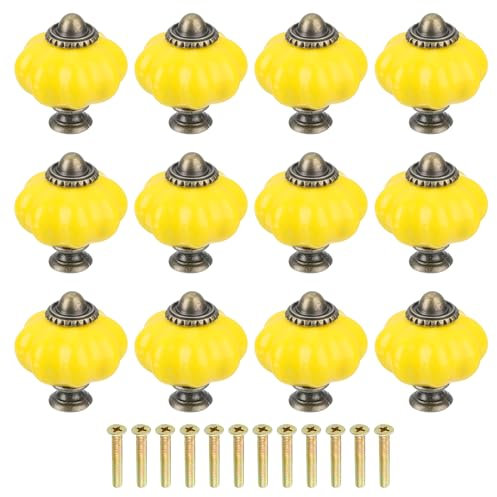 Sourcing Map 12pcs Ceramic Pumpkin Knobs, Lemon Yellow Decorative Pulls, Vintage Drawer Pulls with 12 Screws for Cabinet Drawers, Closets, and Cupboards (38mm/1.5)
