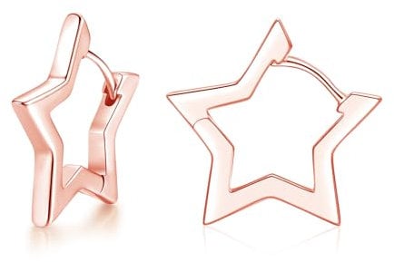 Loutade Silver & Rose Gold Star-Shape Hoop Earrings - Hypoallergenic Small Sleeper Huggie Earrings for Women