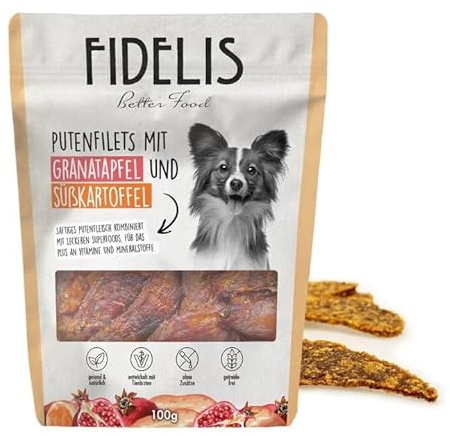 Fidelis - Putenfilets Granatapfel & Süßkartoffel für Hunde 100gr - Luftgetrocknete Hunde Leckerlis aus 100% natürlichen Rohstoffen - Hunde Leckerli als Snack