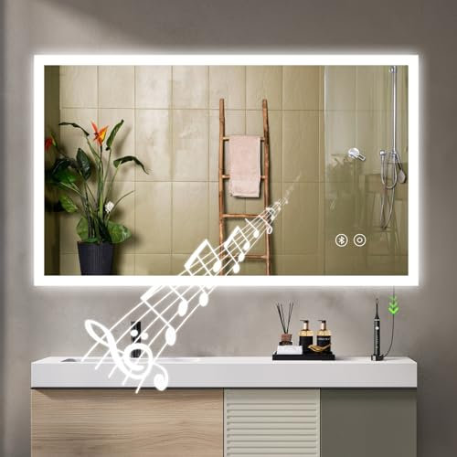 YOLEO Badspiegel mit Beleuchtung, LED Spiegel mit Bluetooth-Lautsprecher, Wandspiegel mit Steckdose, Badezimmerspiegel LED Beschlagfrei mit Touchschalter, 3 einstellbare Lichtfarbe, 100x60cm