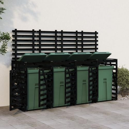 Homgoday Quadruple Wheelie Bin Storage Black Solid Wood Pine, Durable Wheelie Bin Storage Shed Hideaway, Dustbin Sheds, Outdoor Patio Garden Container