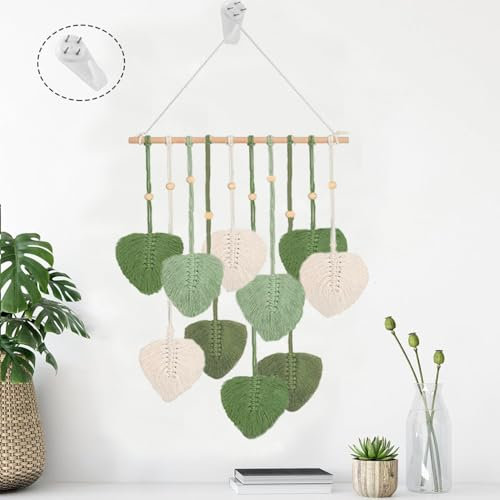 RXKFIGX Böhmische Gewebte Wanddeko Makramee Wandteppich mit Holzperlen und Grün Blätter Tapisserie Wandbehang Boho Makramee Wandbehang Boho Deko für Schlafzimmer Wohnzimmer Kinderzimmer