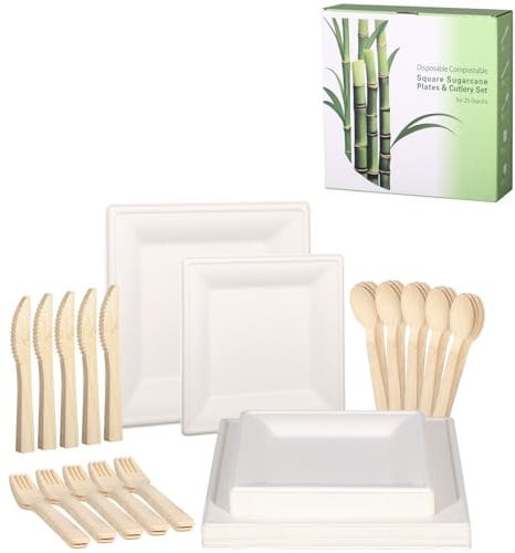 MORGIANA Piatti Quadrati Usa e Getta Bianchi Materiale Canna da Zucchero Stoviglie per Feste Posate usa e Getta Piatti set Compleanno Natale Piatti di Carta (Farina D'avena)