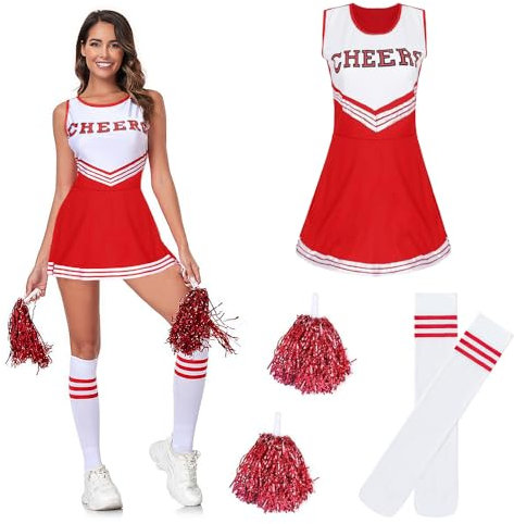Taechalingo Cheerleader Kostüm Damen,Cheer Outfit,Cheerleading Outfit,High School Musical Cheerleader Kostüm,Cheerleader Kleid(rot, L)