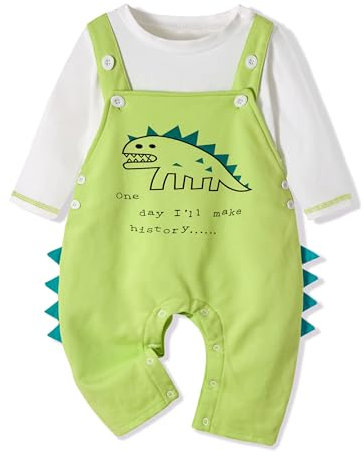 Volunboy Vestito Completi Bambino, Unisex Set di 2 Maglietta a Maniche Lunga e Salopette Dinosauro Carino Abito Neonato Tuta (Verde, 18-24 mesi, Taglia 90)