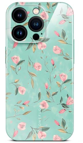 ONEFLOW Flower Cover für iPhone 16 Pro Hülle in Floral Optik, Blumen Designer Case Handy Schutzhülle mit Kameraschutz, Hardcase dünne Handyhülle Blumenmuster, Mintgrün