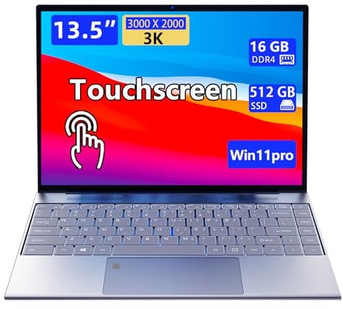 Morostron Laptop 13.5 Zoll Win11 Touchscreen Notebook,16 GB RAM 512 GB SSD, Celeron N5095, Full HD IPS 3000x2000, Hintergrundbeleuchtete Tastatur, Fingerabdruckerkennung, Metallgehäuse -Grau