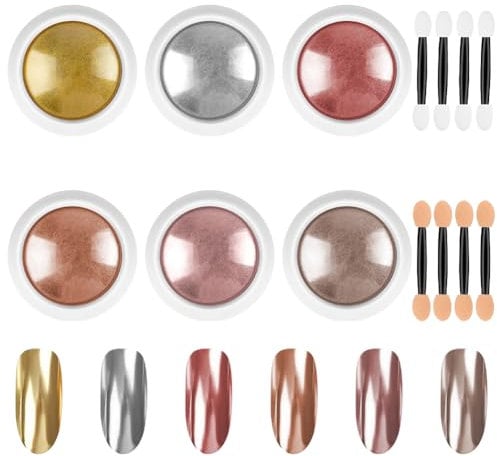 LOPHE Chrome Nail Powder, 6 Stück Glitzer-Nagelpuder-Set, Metallisches, spiegelndes Chrom-Nagelpulver, Holografisches Chrompulver mit Spiegeleffekt, Geeignet für Nagelstudios zum Selbermachen
