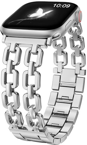 Wearlizer Compatible with Apple Watch Straps 41/40/38/42mm Women, Dressy Fancy Metal Chain Pretty Strap Designer Gold Silver Link Bracelet for iWatch SE Series 11 10 9 8 7 6 5 4 3 2 1 Silver