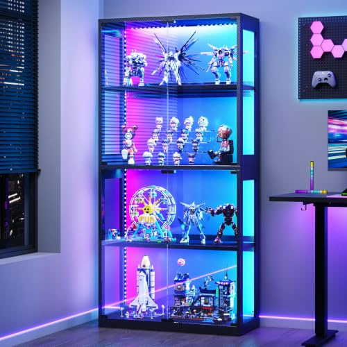 Coleshome Glass Display Cabinet with RGB LED Light, 160x70x30cm, Black