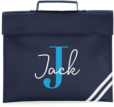 eBuyGB Personalised Book Bag with Name & Initial, Kids Back to School Bag, Unisex Nursery, Primary School Bookbag, Children's Name Music Folder (Navy)