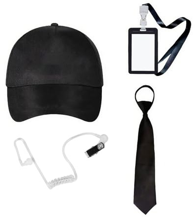 FakeFace 4pcs Agenten Kostüm Set, Geheimagenten Security mit Basecap Ohrstück ID-Ausweis Krawatten Men in Black für Männer Jungen Halloween Cosplay Party Rollenspiele Kostümzubehör