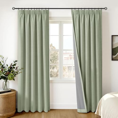INOVADAY 100% Blackout Curtains for Bedroom 84 inch Drop, Thermal Insulated Curtains & Drapes Sage Green Pencil Pleat Curtains for Living Room with Coated Backing 2 Panels, 50 W x 84 L