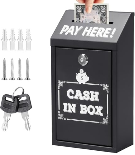 Huucozn Schlüsselbox Außen Metall spendenbox Geldkassette Abschließbar Geldbox mit Schlitz Geldkasse Sammelbox Wandmontage Kasse Spendensammelbox Sicherer Briefkasten Schwarz für Zuhause Büro Außentür
