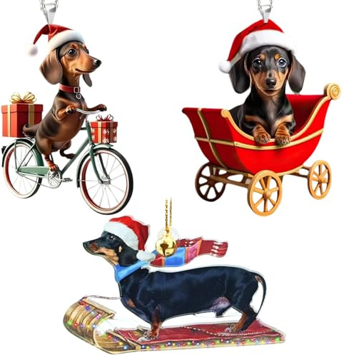 Dachshund Christmas Tree Decorations, 3PCS Cute Dog Ornament Pendant, 2D Animal Rustic Seasonal Décor, Christmas Ornaments For The Home, Shelf, Bookshelf