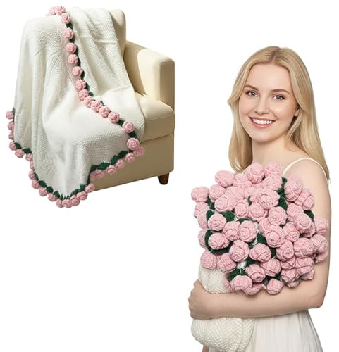 Blumenstrauß Decke Gehäkelt,Gehäkelte Flower Bouquet Blanket Fertig,Häkeldecke mit Rosen-Verzierung, Geeignet als Geschenk für Frauen zum Muttertag, Valentinstag und Geburtstag (Rose Rosa, 160CM)