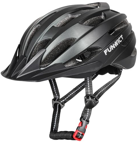 FUNWICT Fahrradhelm für Herren und Damen, Verstellbarer MTB Rennradhelm mit Abnehmbarer Sonnenblende für Radfahren und Mountainbiken (Schwarz Titan, L: 57-61 cm)