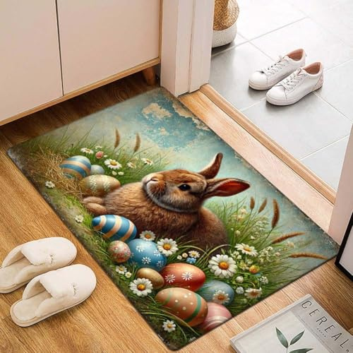 Yarteim Ostern Fußmatte, 50 x 80 cm Hasen Blumen Willkommensmatte Ostern, Frühling Küche Bodenmatte Teppich rutschfest, Osterdeko Fußmatte, Schmutzfangmatte Waschbar für Innen Außen Dekor (A)