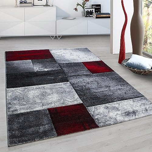 KADIMA DESIGN Kurzflorteppich Karo-Muster Pflegeleicht Waschbar Strapazierfähig Rot 80x150 cm Wohnzimmer Schlafzimmer Fußbodenheizung geeignet Schadstoffgeprüft Gekettelt Flur Oeko-TEX | Monza