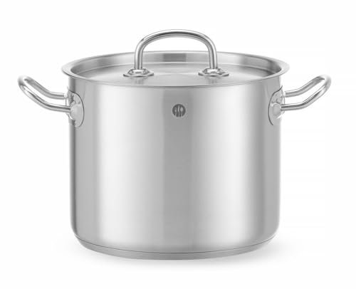 HENDI Kochtopf, Hoch, mit Deckel, geeignet für alle Herdarten, flacher Boden, kühl bleibende Griffe, Induktionskochtopf, Bratentopf, Fleischtopf, 5L, ø200x(H)164mm, Edelstahl, Aluminium