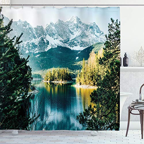 ABAKUHAUS Paysage Rideau de Douche, Montagne Frozen Lake, Tissu Ensemble de Décor de Salle de Bain avec Crochets, 175 cm x 220 cm, Vert Blanc