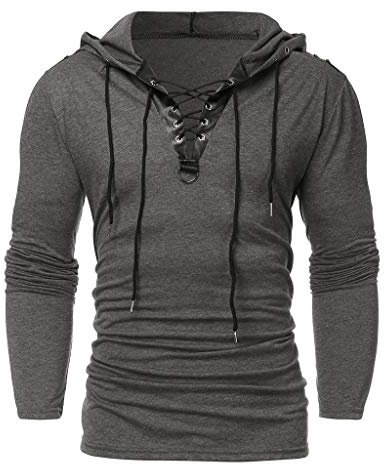 Xmiral Herren Kapuzenoberteile Kordelzug Vintage Leder Patchwork Langarm Sweatshirt Tops Pullover(XL,Dunkelgrau)