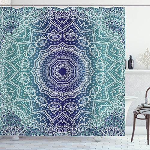 ABAKUHAUS Mandala Duschvorhang, Ombre Tribe, Stoffliches Gewebe Badezimmerdekorationsset mit Haken, 175 x 200 cm, Dark Blue Teal