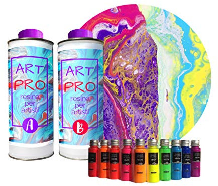 Durchsichtiges Epoxidharz für Kunst, 1,6 kg, Set mit Neon-Pigmenten und runder Leinwand, ideal für pour paint