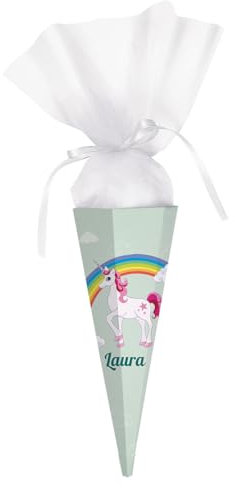 Striefchen® Zuckertüte mit Einhorn und Regenbogen und dem Namen Ihres Kindes - eckige, fertige Schultüte 28 cm