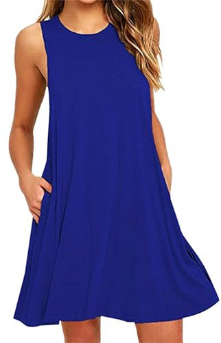 OMZIN Damen Solid Taschen Casual Knielang Lose Kleid, XXL, Tasche-blau