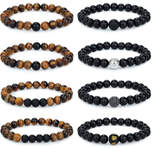 Adramata 6-8Pcs 8mm Tigerauge Armband für Männer Frauen Naturstein Armband Yoga Perlen Achat Elastische Armbänder Herren Armbänder Set Geburtstagsgeschenk für Männer